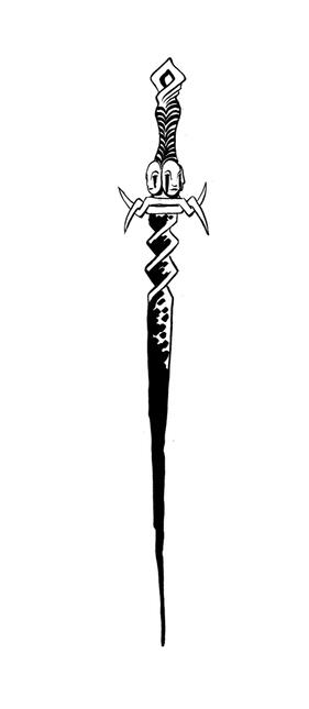 Misericorde a very thin and cruel looking dagger with a twisted hilt decorated with weeping faces.