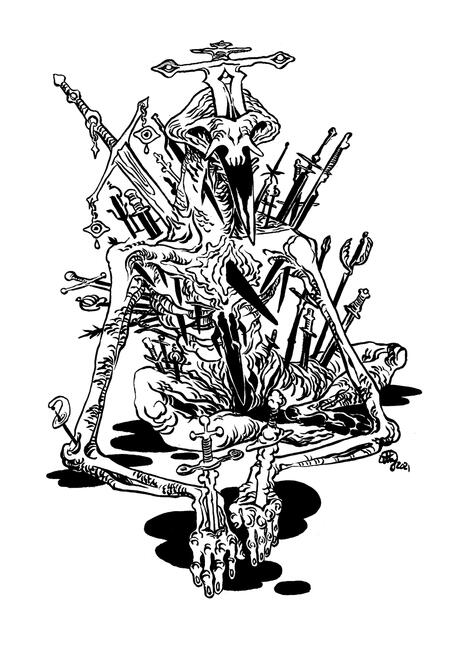 black ink drawing of a cadaverous figure run through by many swords. some are pinning its hands to the ground, and one spears through its top jaw.