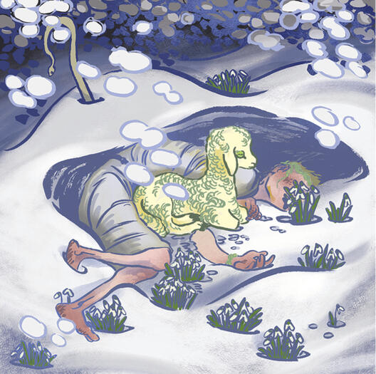 The Lamb Snow A figure lying frozen in the snow during a blizzard. a lamb with green eyes lies in the lee of their body. snowdrops poke through the snow around them.