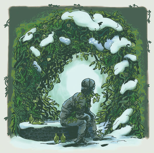 illustration from the book showing a figure sitting on the edge of a snow-covered well. their body is completely wrapped in grey canvas, except for at the head, where some ivy leaves poke through the wrappings. over the well is an arch of twisted ivy.