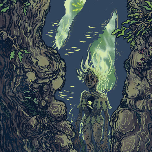 The Aik illustration of an ancient oak, with a figure standing in the hollow centre of it. their chest in turn is hollow, with a small golden bird perched inside.