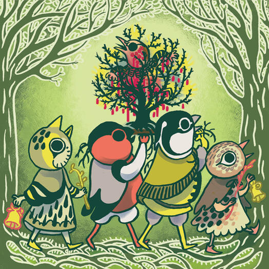 The Cuckoo King a procession of people in bird costumes, carrying a gorse bush through the forest. a wren person is caugt in the gorse bush, bleeding from its thorns.
