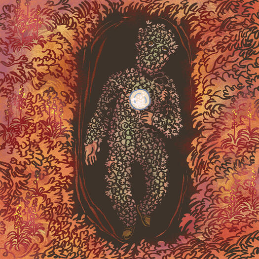 The Burry Man's Funeral view from above of a grave dug in a peat bog. a figure completely covered in burrs lies inside. a dish of salt is balanced on their chest.