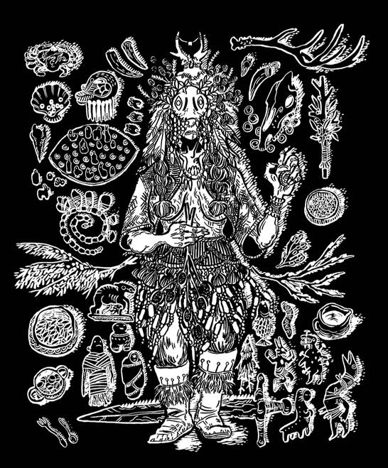 cover for Tome of Tombs by James Holloway A mummified shaman reclining in her tomb, surrounded by grave goods, including clay icons, antlers, a sword, and vessels full of seeds.
