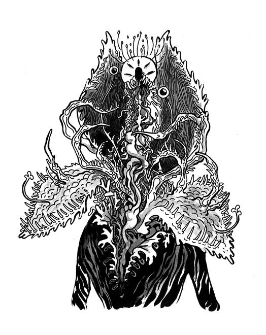 Smiling Woman, for Into the Tower by Hari Conner a human figure that explodes into a grotesque monster at the head, petal-like folds of toothed flesh unfolding to reveal a skull and eyes on independent tendrils, and a nest of curved hooklike appendages.