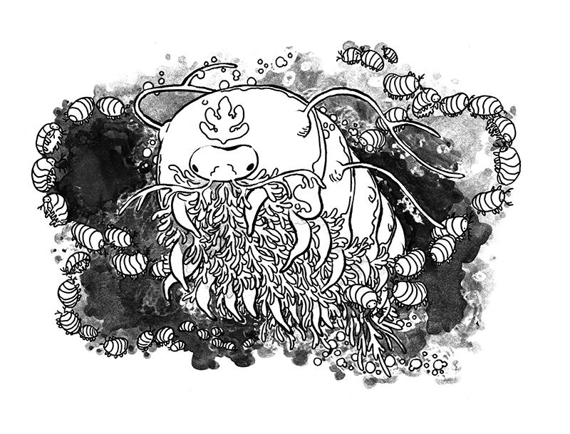 Woodlouse King, for Into the Tower by Hari Conner a strange isopod-like creaturem its underbelly a mass of tendrils, surrounded by looping strings of smaller isopods.