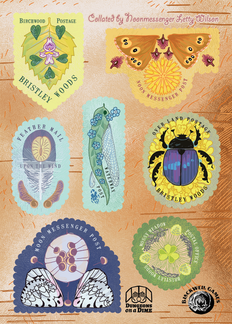 Stamp Sheet for Apawthecaria Kickstarter, by Brian Tyrell and Anna Blackwell A sheet of postage stamps made from different seeds, leaves and other natural materials, represention different postal division in the Scurry world.