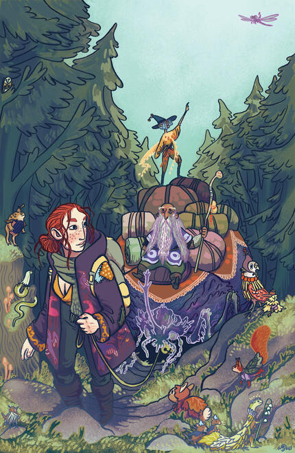 Cover for Escape From Glist by Jim Hall An adventure party travelling up a wooded hill. one figure, a woman in a heavy coat, leads an enormous beetle laden with luggage, a dwarf and an elf perched on top. small animals wearing clothes made from leaves and flowers watch them pass in the foregroun