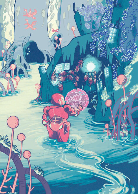 cover for Planet Means Wanderer by Jonathan Walton an alien planet with a crashed spaceship enveloped by a tree. a figure in a red space suit scans the ruins as isopod-like aliens cluster around.