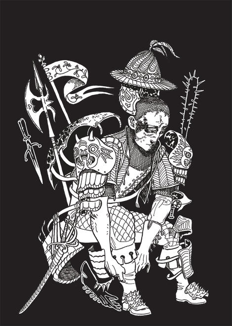 cover art for Grunt Zine by James Holloway black and white image of a figure sitting down to put on armour. parts of their armour and weapons expand outward, showing the many layers of their arms.