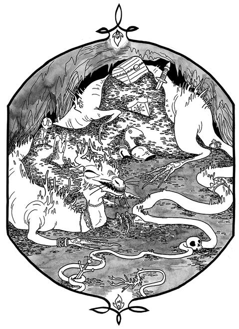 a long pale dragon coiled around its hoard of treasure, ut us whiskery and has many limbs which drape over the heaps of gold.