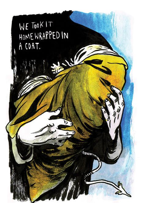 Devilry p22 A figure holding a baby devil bundled in cloth, its wormy, forked tail and grublike face visible. text reads: "We took it home wrapped in a coat."