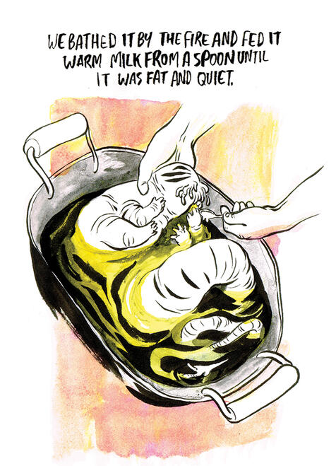 Devilry p23 the baby devil in a tin bath, being fed from a teaspoon. text reads: "we bathed it by the fire and fed it warm milk from a spoon until it was fat and quiet."