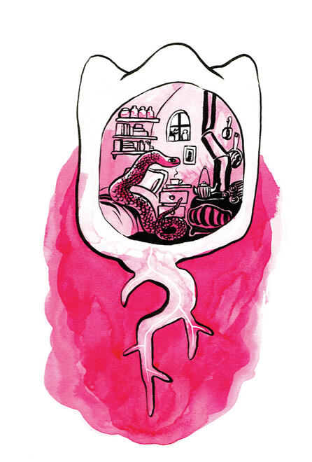 ink drawing showing the cross section of a tooth, with a little house and a serpent living inside.