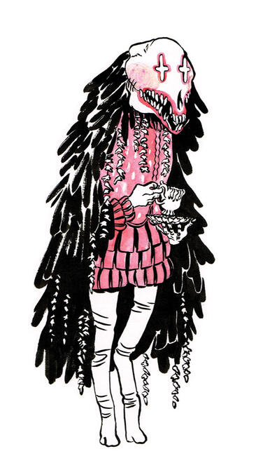 A clown with a horse skull mask and a cloak of feathers and teeth. they hold a teacup and saucer made of teeth.