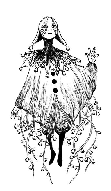 Commedia p17 a clown hung with ribbons of bells, and bells on its cowl. its mask is scratched over the eyes.