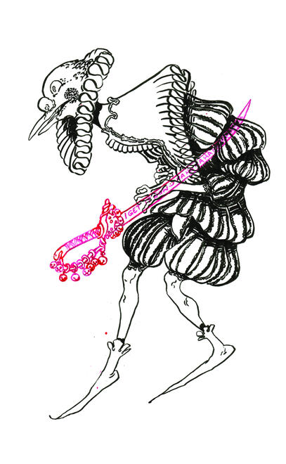 ink drawing of a figure with the head of a pigeon, wearing elaborate ruffs and flounces, doubled over and clutching at the red ink sword that runs them through the stomach. the sword has the words "i get it now ha ha ha ha" written along the blade.