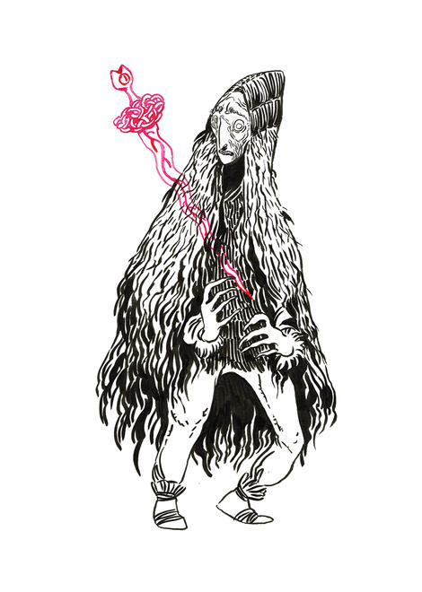 Saint begone p11 black ink drawing of a hermit in a woven reed cloak, a sword drawn in red ink stabbing them through the back.
