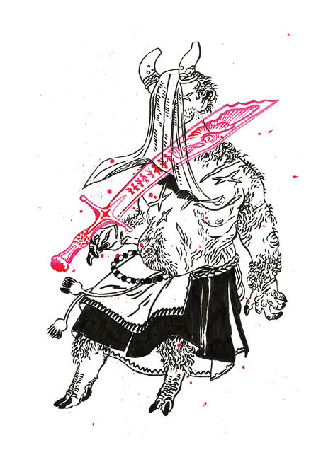 Saint begone p23 a horned figure with a hairy, scarred body, including top surgery scars visible on their bare chest. they wear a veil that covers their face, and an apron. a scimitar meets their neck, about to cut their head off.