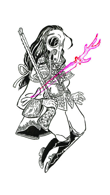 Saint begone p15 ink drawing of a figure in embroidered jacket and waistcoat. she wears a gas mask shaped like a horse's head and carries an ol fashioned rifle. a sword with a hilt of antler runs her through the chest.
