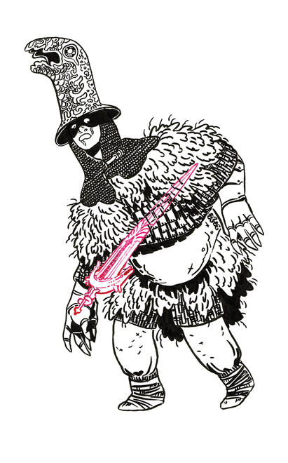 Saint begone p7 a warrior with a tall helmet shaped like a dragon head. a broadsword pierces them through the chest.