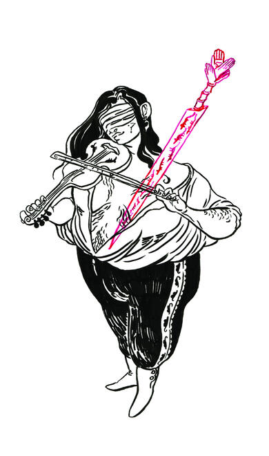 Saint begone p19 a violin player, playing the violin. she is blindfolded, and wears a shirt open to the waist. a sword pierces her at the shoulder, its blade patterned with mice.