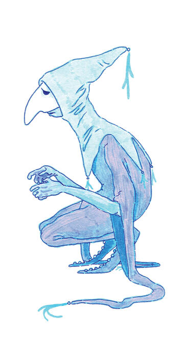 Commedia p35 a sad jester squatting on the floor, the long trailing sleeves draped on the floor.