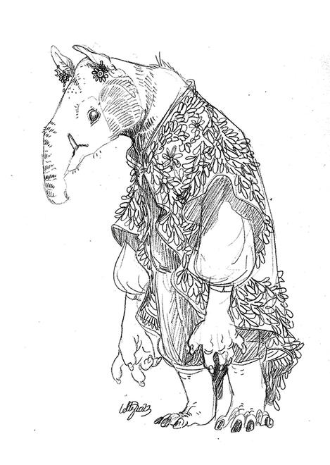 pencil drawing of a goblin based on a tapir, wearing lacy robes