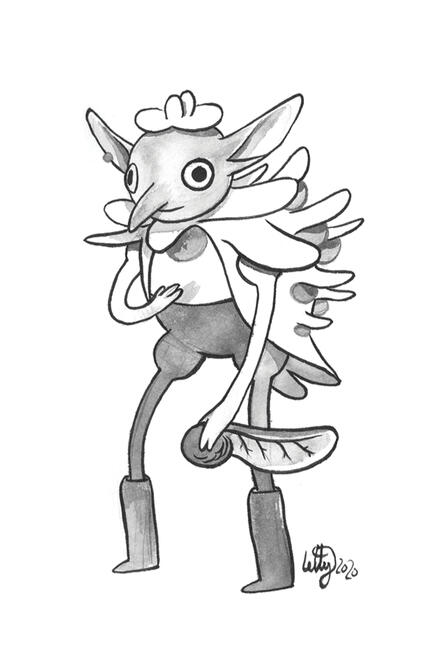 Oleafia greyscale ink drawing of a goblin wearing a sycamore seed outfit and holding a sycamore seed.