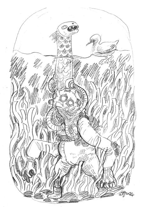 a goblin wearing an archac diving suit with a very tall helmet shaped like a sea monster that stretches above the water surface.
