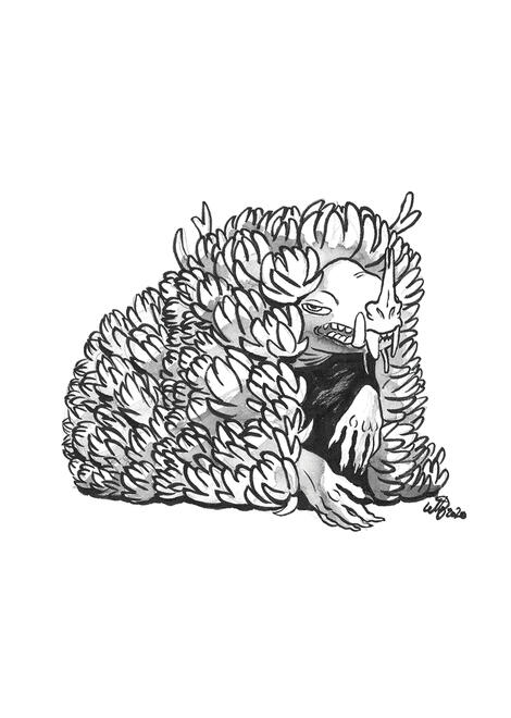 Yonic the Hedgehog A goblin based on my houseplant, Yonic the hedgehog. she is hiding under a dense cloak of leafy clusters.