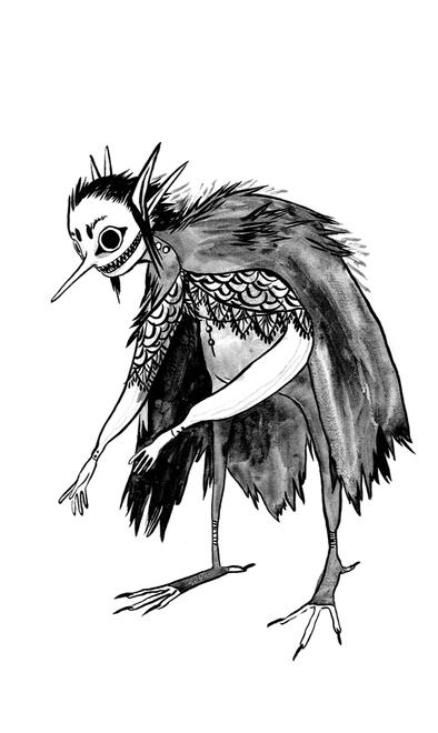 Starling Goblin a goblin based on the european starling. she has a pointy nose and wide mouth full of sharp teeth, and a grey cloak of feathers.