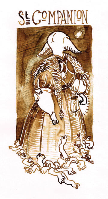 Saint Companion walnut ink drawing of a goblin labelled "sint companion." she is turning away from the viewer to look behind her. many grasping arms extend from the hem of her dress.