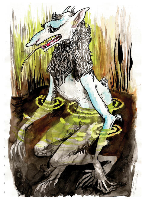 Borzoi dogblin a goblin based on a borzoi hound, it is waist deep in muddy water surrounded by reeds.