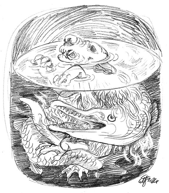 drowning goblin pencil drawing of a goblin treading water, as a giant gar-like fish coils around them.