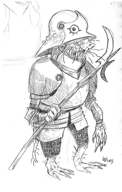 Molerat goblin pencil drawing of a mole rat goblin in heavy armour, holding a poleaxe.
