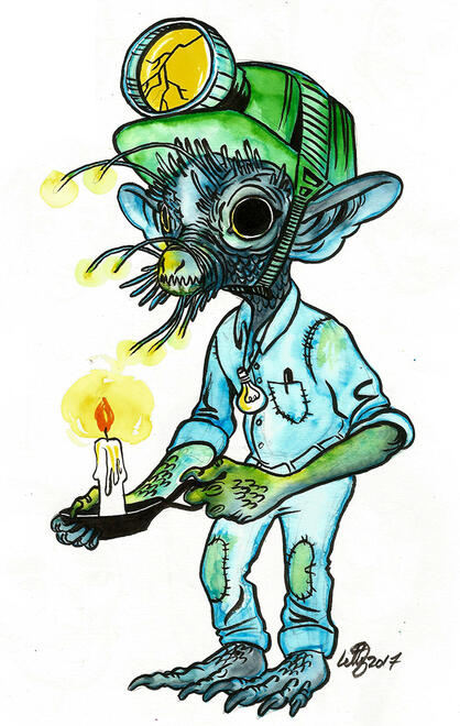 bwca a bwca goblin from welsh folklore, dressed as a miner, with a candle in her hands and bioluminous whiskers.