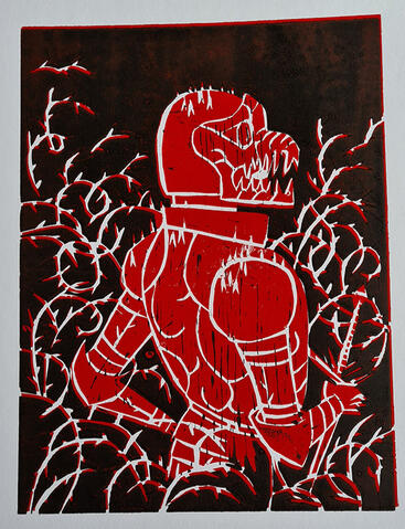 Red Knight two layer reductive woodcut of the red knight from the beechwood helm, standing amid thorns.