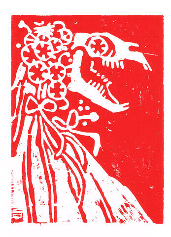 Mari Lwyd woodcut in red ink of mari lwyd, the welsh yuletide figure with a horse skull head decorated with flowers and ribbons.