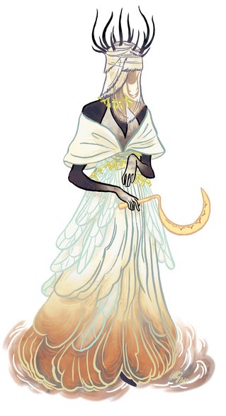Unseelie Queen commissioned character art of a fairy queen, holding a sickle and with dress adorned with mistletoe and fly wings.