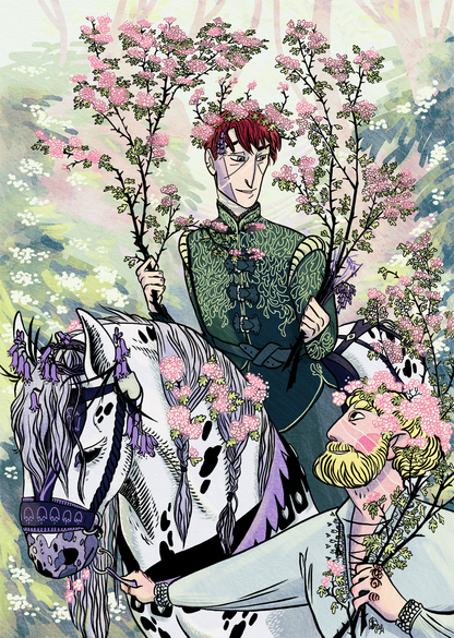 sir perceval and sir Hyacinth from the beechwood helm, posed in a composition reminiscent of Queen Guinevere's maying, the painting by John Collier.