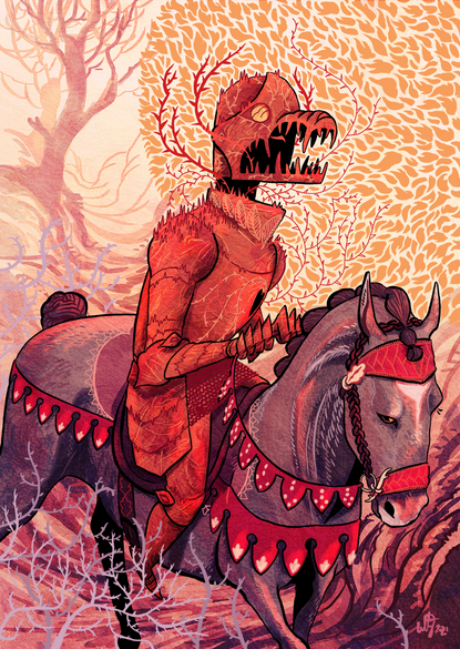 The lonely red knight a red armoured knight mounted on a dark brown horse, riding through an autumn forest.