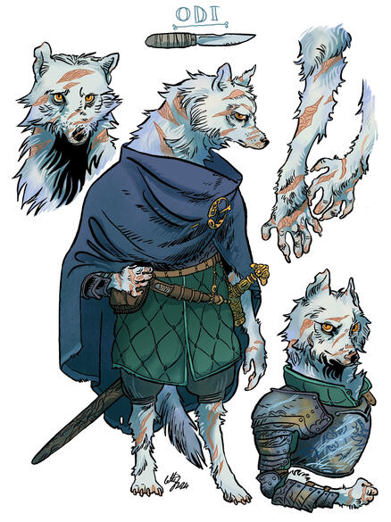 Odi character sheet commissioned character sheet of a wanderhome character who is an arctic wolf veteran. he wears battered armour under a heavy cloak, and is scarred all over.