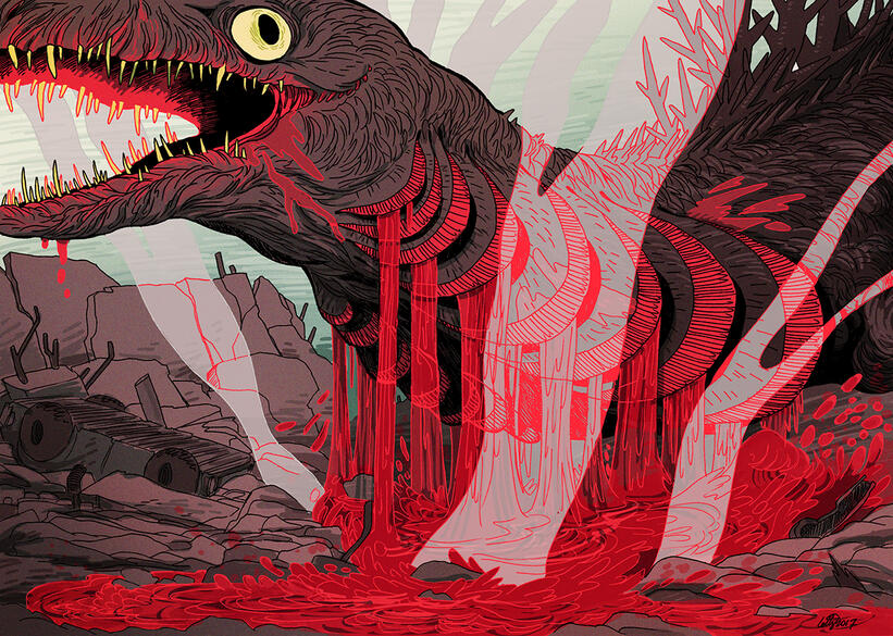 Shin Godzilla fanart of shin godzilla from the movie of the same time, in its six gilled shark form, pouring blood from its gills.