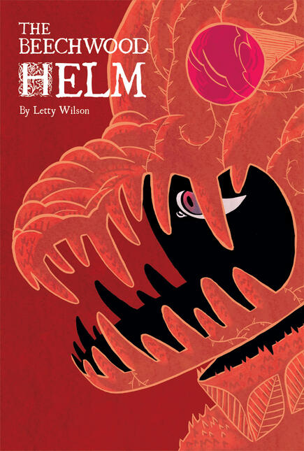 Untitled front cover of the Beechwood helm, showing a red knight's helmet with a snarling beast as a visor, and haunted-looking eye of the wearer inside.