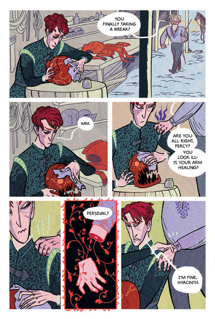 Untitled 19th page of the comic, Perceval is polishing the armour, and having intrusive thoughts about hyacinth being injured.