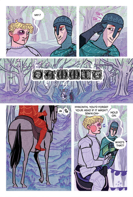 Untitled 3rd page of the comic, showing that Hyacinth has forgotten his helmet.