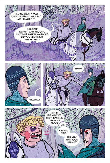 Untitled 2nd page of the comic, showing 2 nights riding through the woods, arguing about the previous battle.