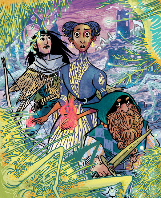 Cover art for the 5e edition a trio of fantasy adventurers facing up against a monster, visible only at the edges of the pages. the adventurers are a ranger with bow, a sorceror with fiery hands, and a dwarf with sword, all looking daunted by the monster.