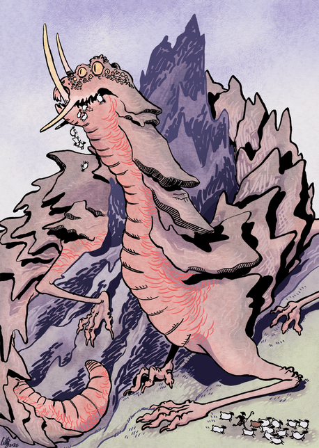The Serpent of Isaby a dragon as big as a mountain is coiled around a high peak, eating a flock of sheep that fall from its tusked mouth like crumbs. in the foreground a tiny shepherd flees with the rest of their flock.